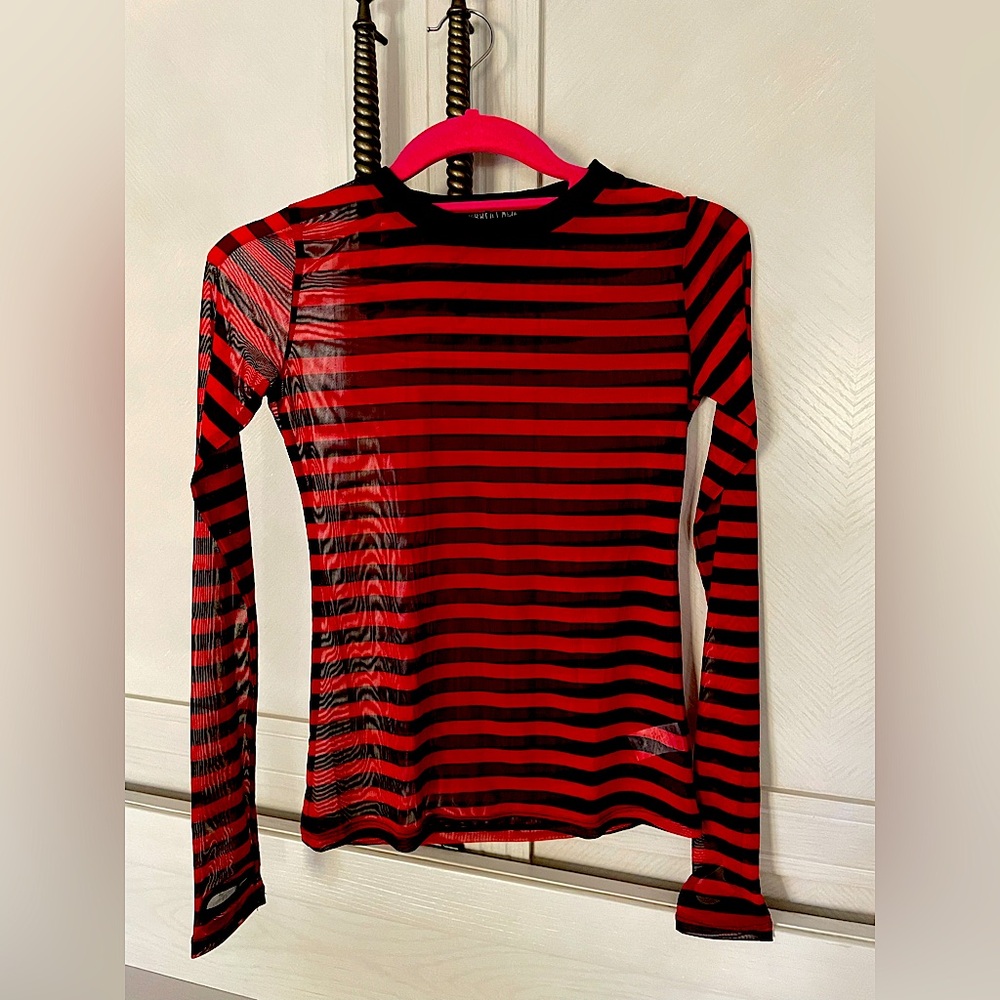 Current Mood/DollsKill Red & Black Striped Mesh Top- Excellent Condition!